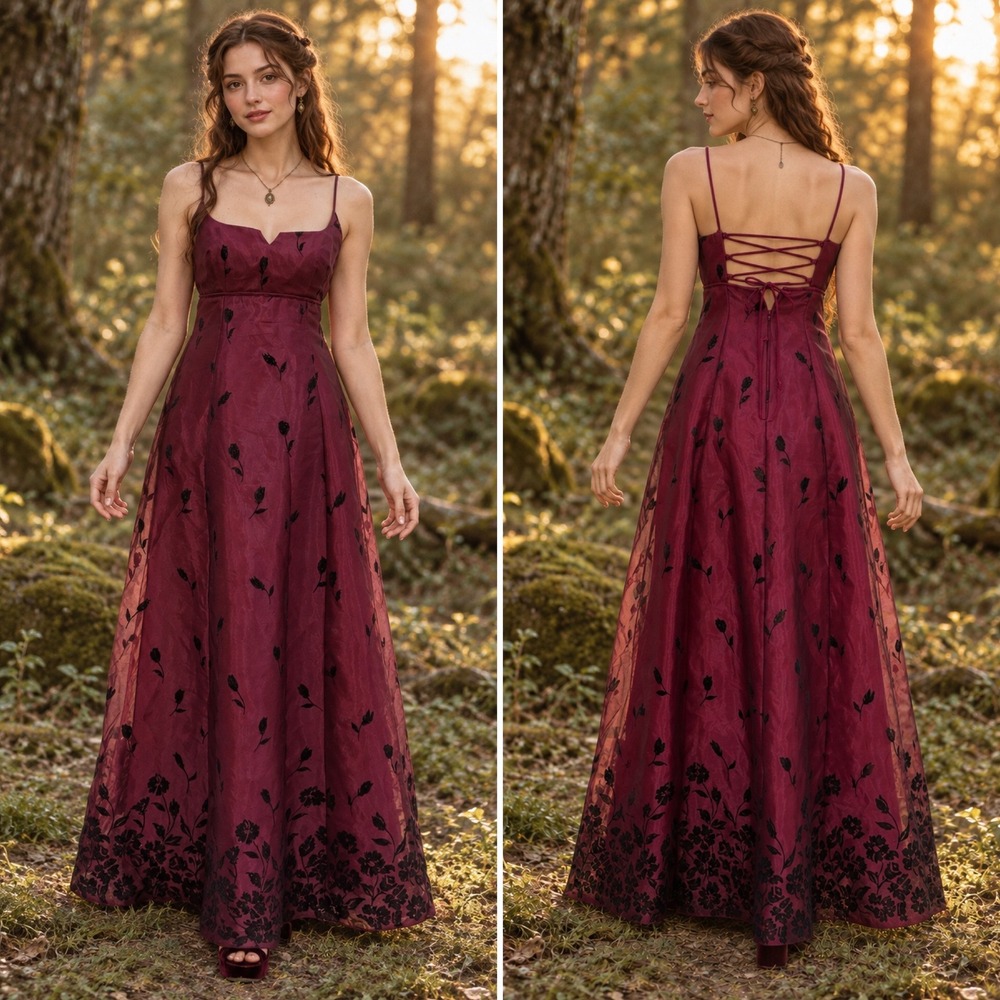 Morgan & Co. Vintage Floral Lace Up Back Maxi Formal Dress Magenta Fairygoth